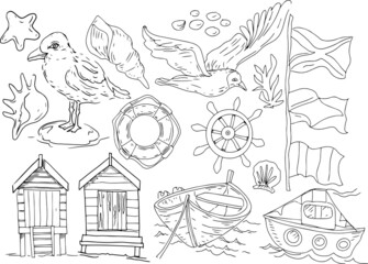 Seagulls boat flags sea travel stones tropical coloring book for kids exotic graphics ink