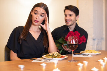 Upset Shocked Woman On Unsuccessful Date In Restaurant - obrazy, fototapety, plakaty