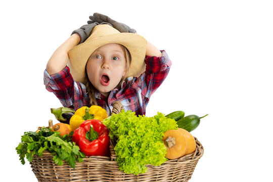 Shocked cute little girl, emotive kid in image of farmer, gardener with large basket of vegetables isolated on white background. Concept of job, work, childhood, games