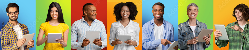 Aufkleber Diverse People Browsing Internet On Digital Tablets While Posing Over Colorful Backgrounds