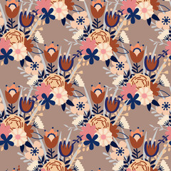 Vector seamless pattern with floral pattern. Boho colors, pastel colors. For printing on fabrics and clothes. For wall design. Poster for the interior, postcard, congratulation. in hand drawn style