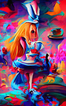 Wall art paining in oil mixed style, stock, contemporary impressionism artwork for sale, vibrant abstract art, colorful brush strokes, print for interior. Alice in wonderland artwork theme, madness