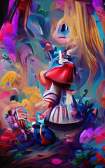 Wall art paining in oil mixed style, stock, contemporary impressionism artwork for sale, vibrant abstract art, colorful brush strokes, print for interior. Alice in wonderland artwork theme, madness