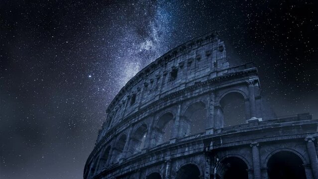 Colosseum in Rome with milky way and falling stars, Italy