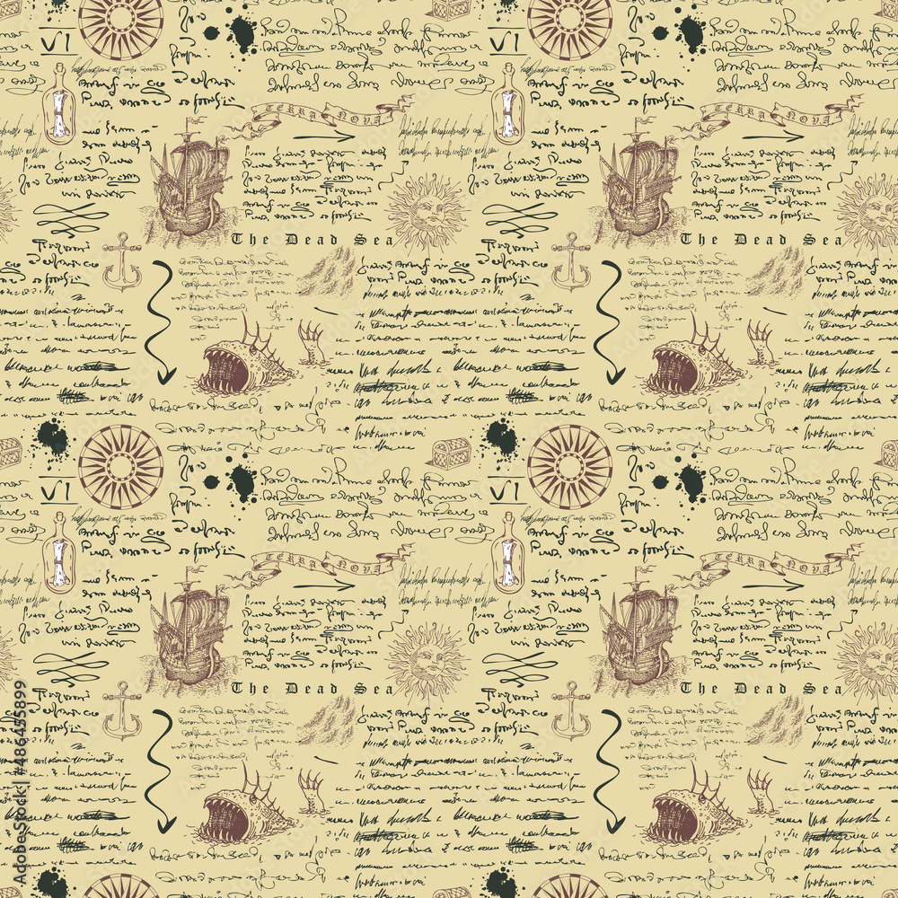 Poster vector image of a seamless texture for printing on fabric and paper in the style of a medieval marin