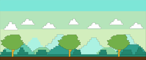 background, game, forest, pixels, art, pixelart, tree, landscape, nature, vector, clouds, panorama,