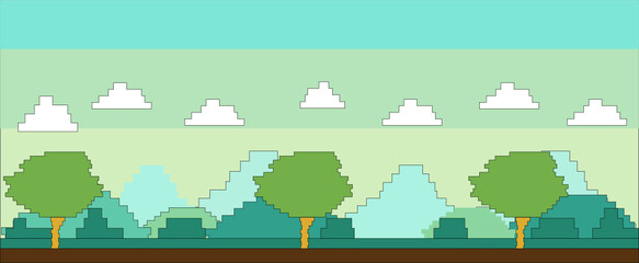 Fototapeta premium background, game, forest, pixels, art, pixelart, tree, landscape, nature, vector, clouds, panorama,