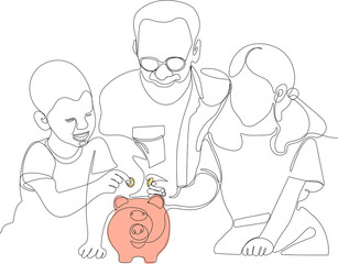 Continuous one line drawing of Teach child girl to save coin into a piggy-bank to manage finances save money spend earnings with economy plan family budget. Vector illustration