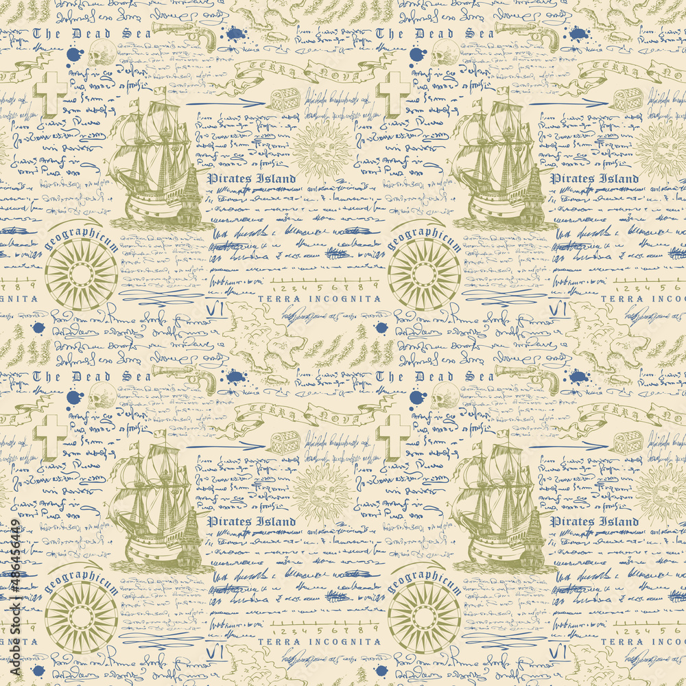 Poster vector image of a seamless texture for printing on fabric and paper in the style of a medieval marin