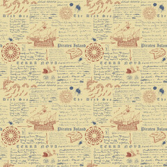 Vector image of a seamless texture for printing on fabric and paper in the style of a medieval marine record, sketch, engraving of the captain's diary font lorem ipsum