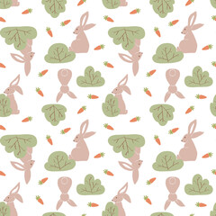 Summer brown rabbits on field with bushes and carrots. Cute simple seamless pattern. Vector illustration with hares in hand drawn style.