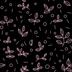 Seamless pattern of pink abstract floral and geometric elements on a black background for textile.