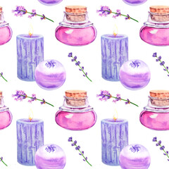 Obraz na płótnie Canvas Seamless background with a bottle of lavender oil, a candle, a ball of bath salt, sprigs of lavender. Watercolor illustration for aromatherapy