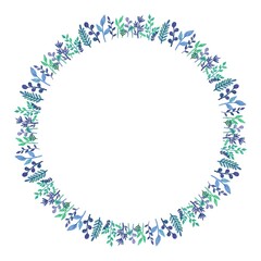 ブルーグリーン系　水彩のリーフ・植物のリース・フレームセット　ラスター素材