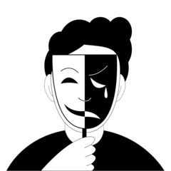 The character covers his face with a two-faced mask. Vector illustration for content about psychology. - obrazy, fototapety, plakaty