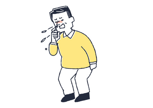 recommend clip art: 派手なくしゃみをする男性　コミカルな手書きの人物イラスト　ベクター線画にシンプルな色つけ　白バック