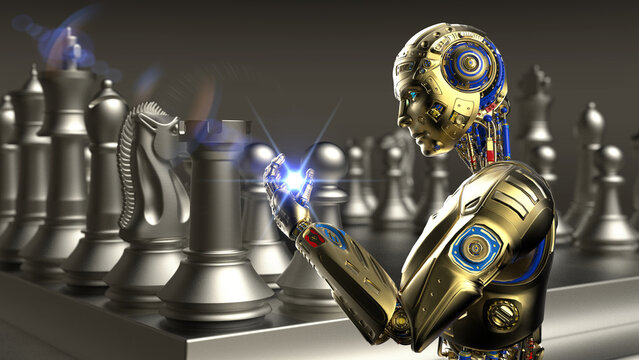 Detailed appearance of the gold AI Robot with blue flash flare light and silver chess figures on a board. Concept image of business ideas ,competition, strategy and technology ideas. 3D illustration.