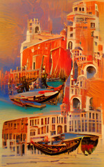Wall art paining in oil mixed style, stock, contemporary impressionism artwork for sale, vibrant abstract art, colorful brush strokes, print for interior. European city old street and houses, tourism