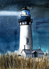 Watercolor picture of the Yaquina Head Lighthouse in the field of the tall yellow grass under the starry sky
