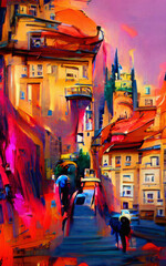 Fototapeta premium Wall art paining in oil mixed style, stock, contemporary impressionism artwork for sale, vibrant abstract art, colorful brush strokes, print for interior. European city old street and houses, tourism