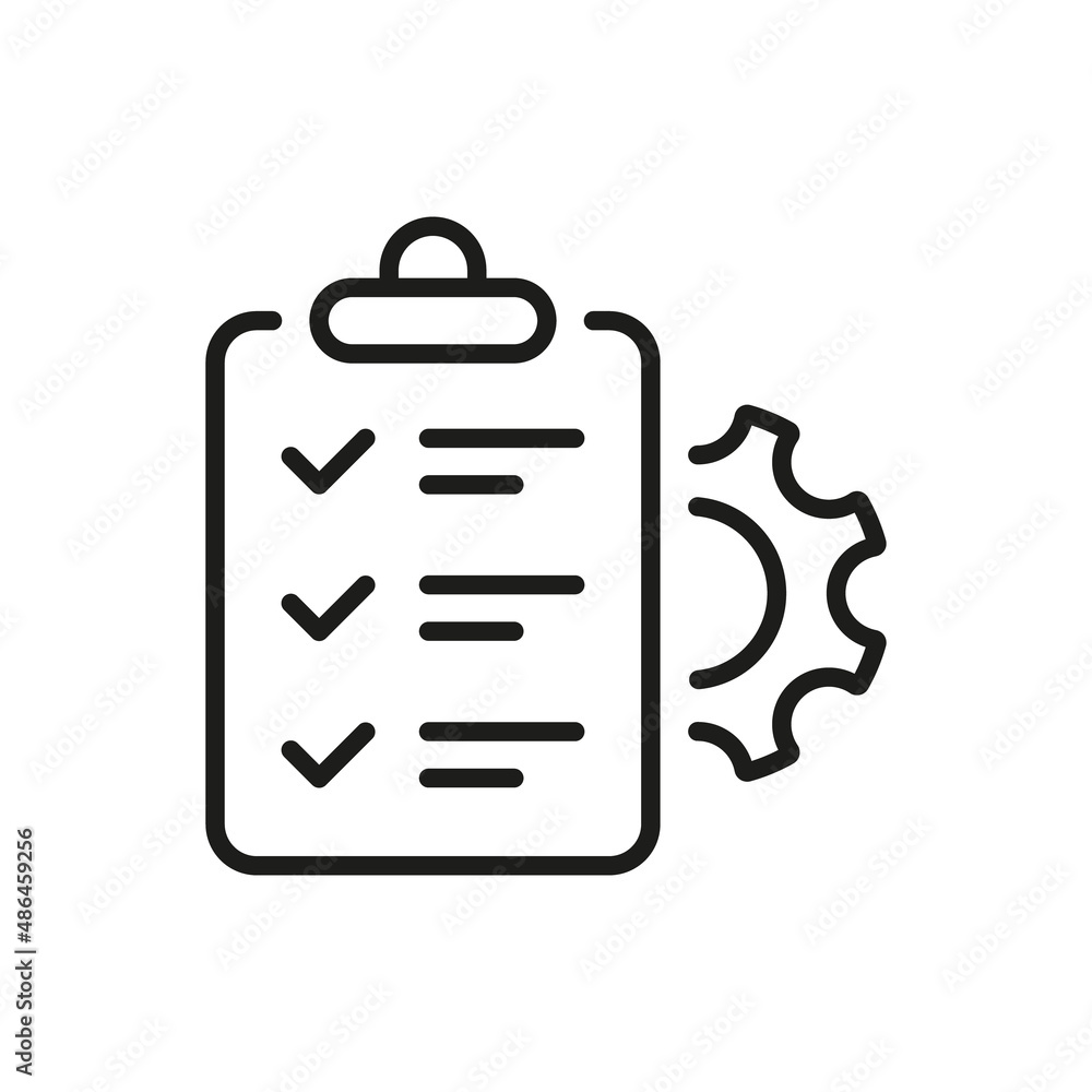 Poster project management line icon. gear, clipboard and project setting checklist outline icon. efficiency