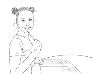 Sketch of girl with two buns hairstyle studying, gnawing pen and smile, Hand drawn vector linear illustration