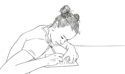Sketch of girl with two buns hairstyle writing in notebook, Hand drawn vector linear illustration