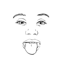 Face of positive happy teenage girl going crazy showing her tongue, Vector black linear sketch on white background