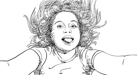 Vector sketch of comic selfie of young girl showing tongue and shaggy long hair blowing wild around, Hand drawn illustration