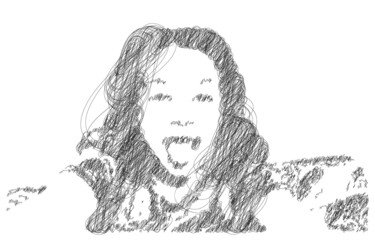 Scrawl sketch of comic young girl showing tongue and shaggy long hair , Hand drawn vector abstract linear illustration