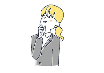 上を見て考え事をしているビジネスウーマン　コミカルな手書きの人物イラスト　ベクター線画