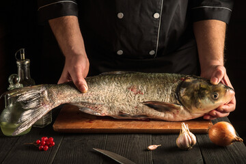 The chef prepares silver carp fish. Preparing for preparation of fish food for the holidays. Working environment in the kitchen
