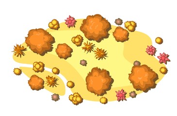 Ellipse Autumn landscape top view. Scene with yellow and orange trees and bushes from height. Above countryside. Isolated on white background. Cartoon style illustration. Vector
