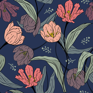 Vintage seamless pattern with pink line art tulips flowers on blue background