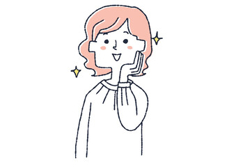 感激している女性　コミカルな手書きの人物イラスト　ベクター線画にシンプルな色つけ　白バック