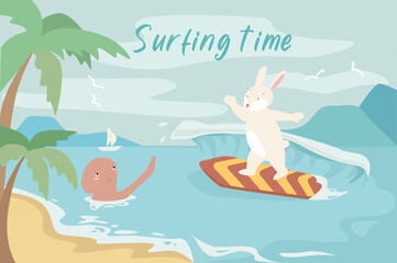 Obraz na płótnie Canvas Surfing time concept background. Rabbit is surfing on high waves, octopus swims in water. Cute pets have active rest on seaside resort at tropical island. Vector illustration in flat cartoon design
