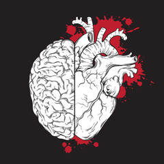 Hand drawn line art human brain and heart halfs. Grunge sketch tattoo design isolated on black background vector illustration.
