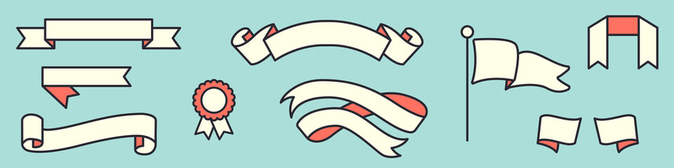 Vintage graphic set. Ribbons, flag and medal. Retro style. Vector illustration