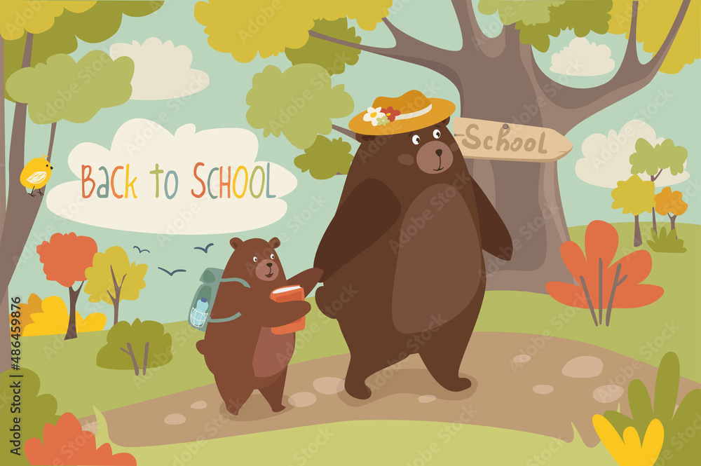 Wall mural Welcome to school concept background. Cute animals studying and going to lessons. Rabbit and squirrel greet raccoon, students with backpacks stand by bus. Vector illustration in flat cartoon design