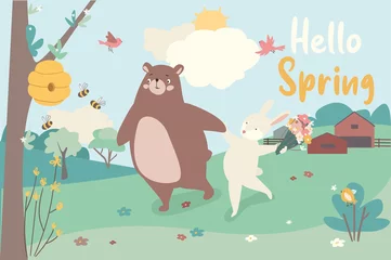 Wandaufkleber Hello spring concept background. Cute animals greeting springtime. Bunnies hold Easter eggs, birds sit near nest on tree branches, lambs ride on swing. Vector illustration in flat cartoon design © Andrey