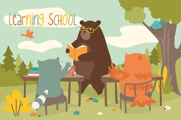 Foto op Canvas Learning school concept background. Cute animals studying in forest class. Owl teacher explains lesson to pupils. Rabbit, hedgehog and squirrel read books. Vector illustration in flat cartoon design © Andrey