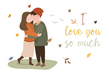 Happy Valentines day concept background. Cute couple in love celebrates romantic holiday. Loving man and woman hugging and holding hands. greeting card. Vector illustration in flat cartoon design