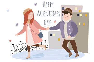 Happy loving couple has romantic feelings concept background. Cute man and woman hugging and holding hands. Greeting holiday card with declaration of love. Vector illustration in flat cartoon design