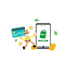 farmer and store online shop credit card payment cartoon flat design illustration