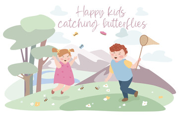 Happy kids catching butterflies concept background. Smiling little girl and boy running in green meadow with butterfly net and playing together outdoor. Vector illustration in flat cartoon design