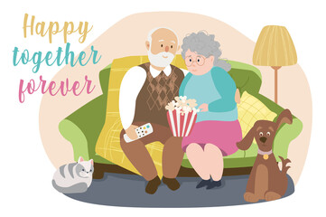 Obraz na płótnie Canvas Happy together forever concept background. Elderly couple sitting at sofa and watching movie with dog and cat. Loving old man and woman pastime together. Vector illustration in flat cartoon design