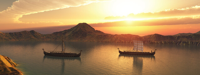 Zwei Wikingerschiffe auf einem Fluss bei Sonnenuntergang © Michael Rosskothen