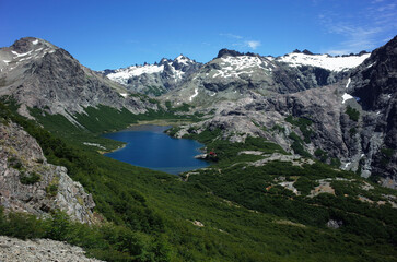 Fototapeta na wymiar Alpine landscape nature of Patagonia, Argentina, Mountain blue lake in green valley, Jakob lagoon in Nahuel Huapi National Park