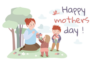 Happy Mothers day concept background. Cute little daughter and son give bouquets of flowers and congratulate mom on holiday at park. Greeting holiday card. Vector illustration in flat cartoon design