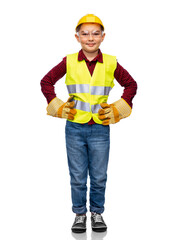 building, construction and profession concept - little boy in protective helmet, gloves, goggles and safety vest over white background